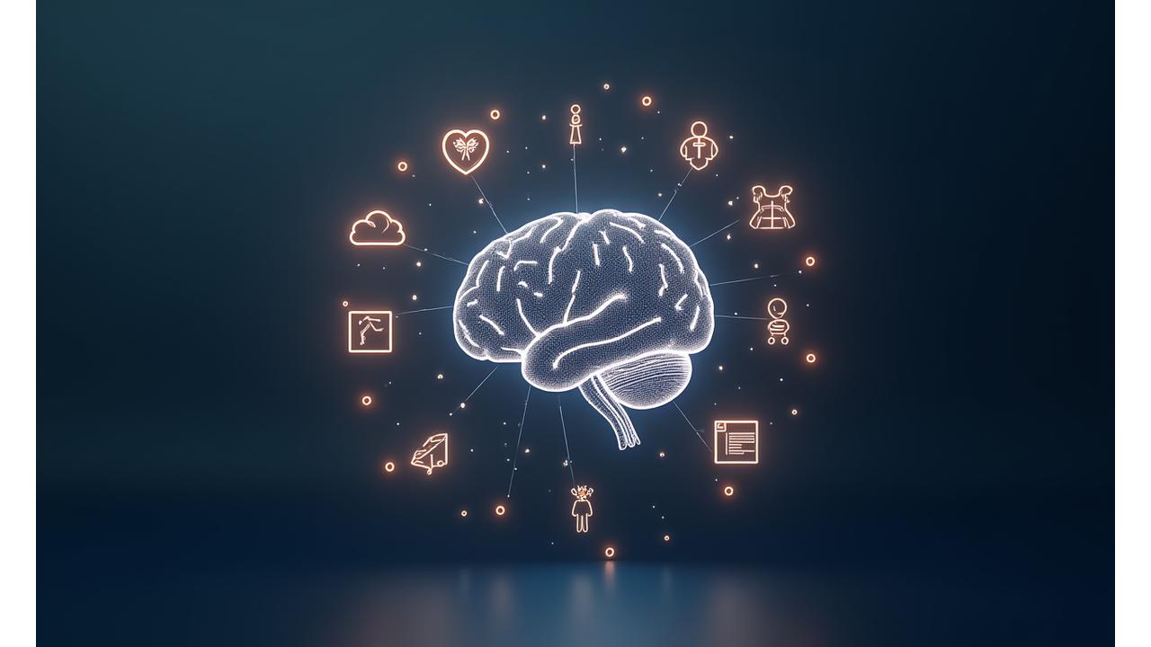 Stylized abstract representation of data flowing into a brain-like structure, then branching out to various health-related icons (apple, heart, dumbbell, thought bubble), illustrating personalized digital health recommendations.