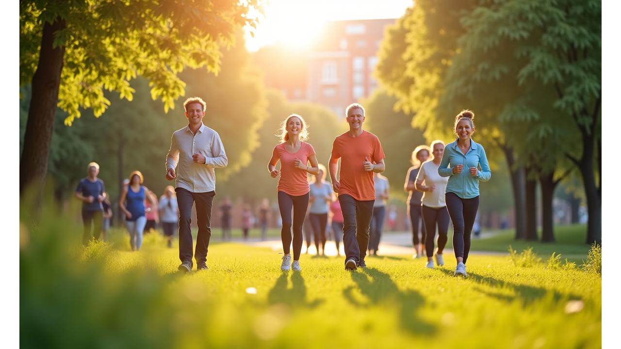 Diverse group of adults 35+ smiling and jogging in a green park, representing vitality and diverse wellness activities.