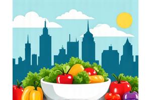 Illustration of Philadelphia skyline with healthy food icons