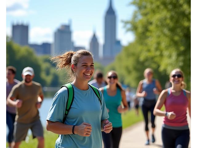 Group of diverse adults enjoying an outdoor fitness class along the Schuylkill River in Philadelphia.