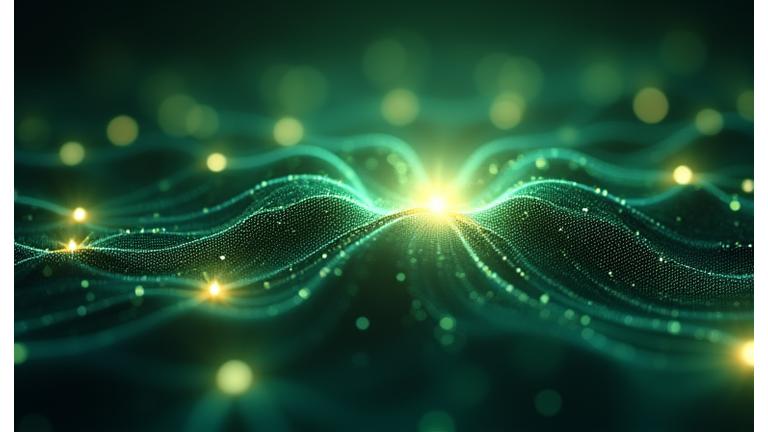 Complex graphical representation of an AI neural network analyzing various health data points, displayed on a glowing interactive screen. The colors are predominantly blue and green.