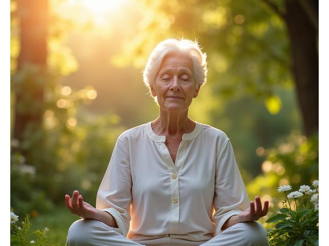 A serene older adult meditates outdoors, surrounded by lush greenery, embodying tranquility and mindful aging.