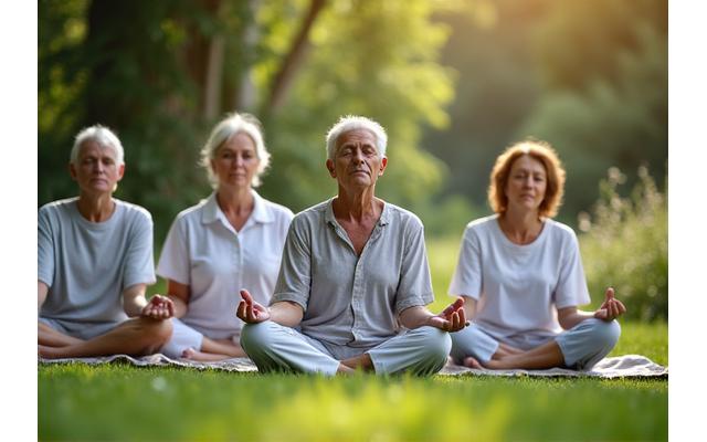 A group of diverse adults participating in a guided meditation session outdoors, reflecting calm and community.