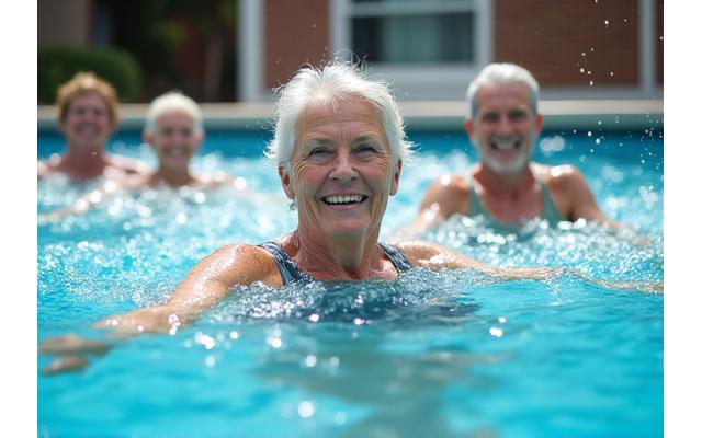 Adults enjoying an aquatic fitness class in a bright swimming pool.