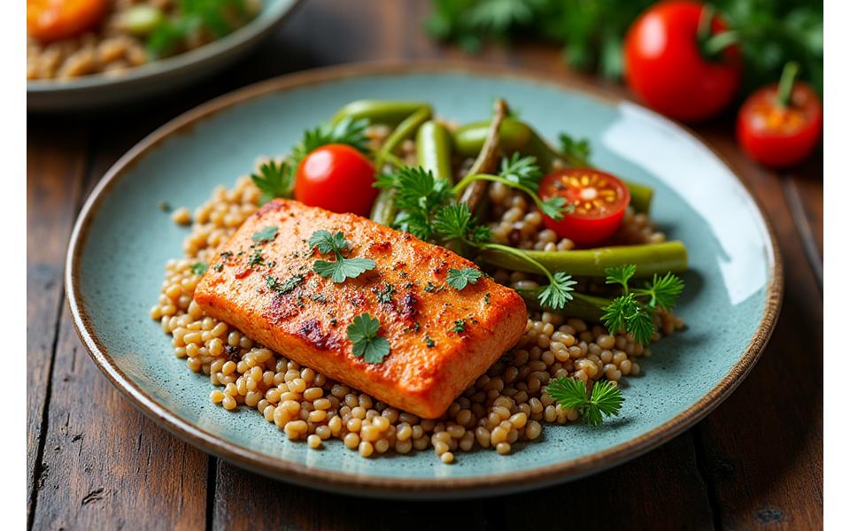 A beautifully arranged farm-to-table dish with fresh, colorful vegetables and lean protein.