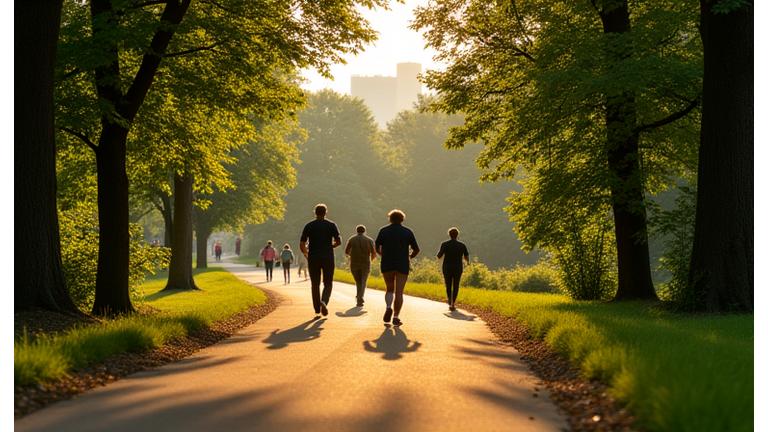 A serene view of a winding trail in Fairmount Park, Philadelphia, with lush greenery and distant city skyline.