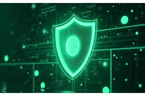 Abstract graphic of a digital shield protecting personal data represented by flowing lines and glowing nodes, conveying robust data security.