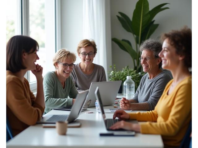 Diverse group of adults actively participating in a virtual wellness workshop on laptops and tablets, smiling and engaged.